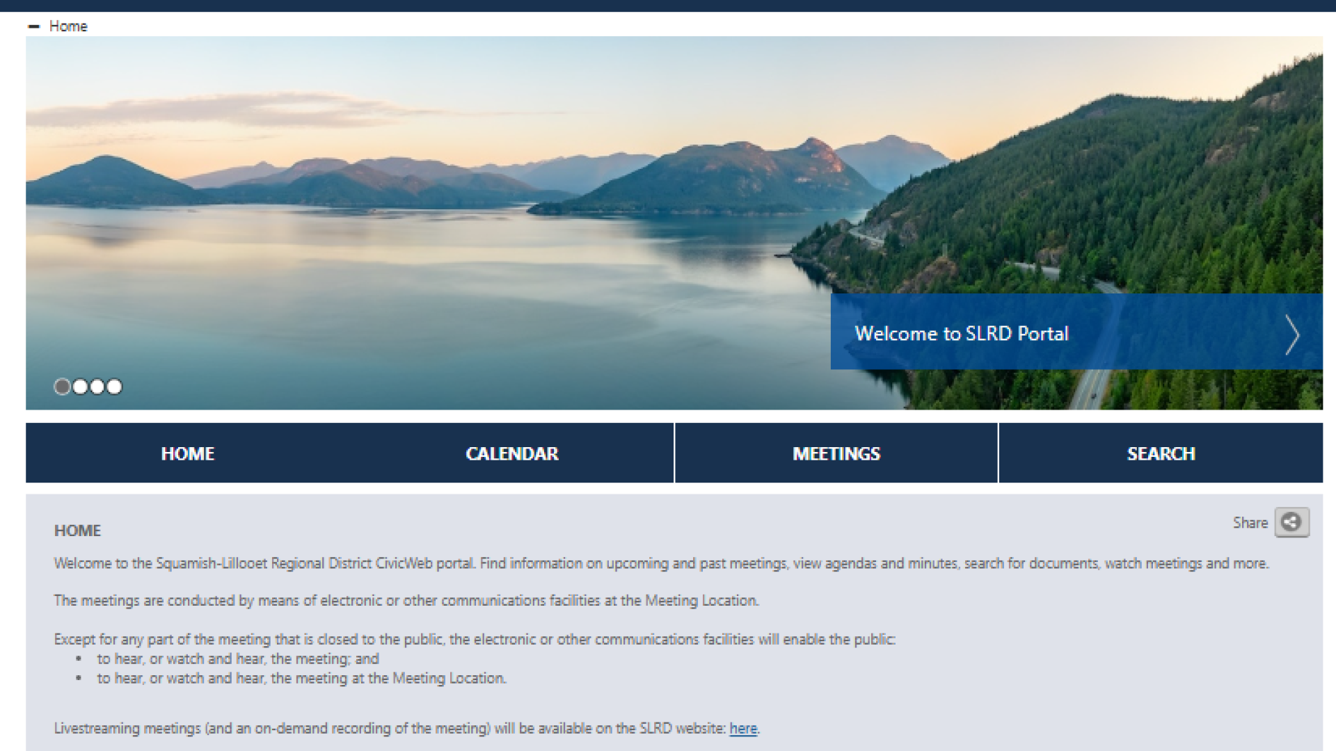 screen cap of the landing page for the meetings portal website